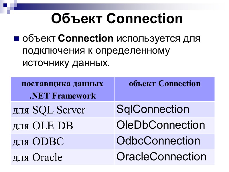 Объект Connection объект Connection используется для подключения к определенному источнику данных.